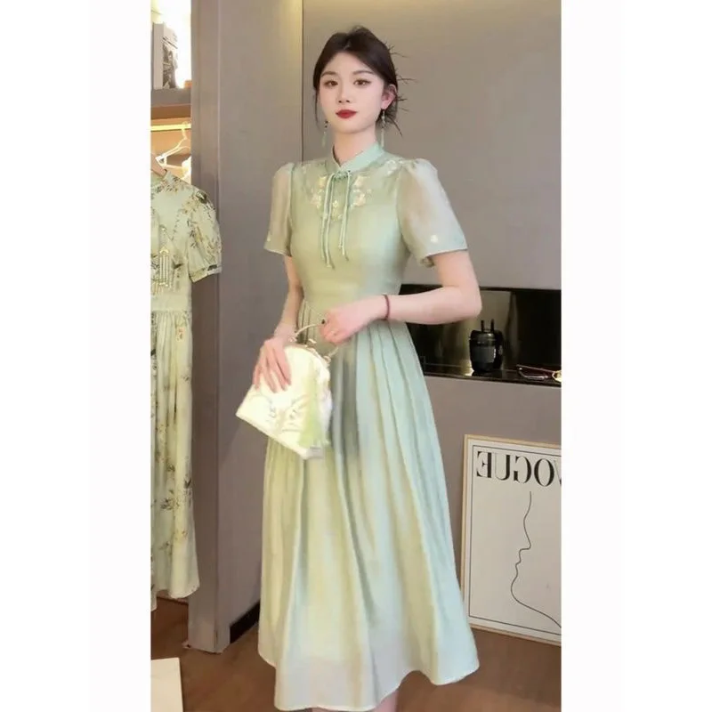 New Chinese Light National Style Green Dress Summer New Women\'s Elegant Women\'s Daily Beauty Improvement Qipao Dress