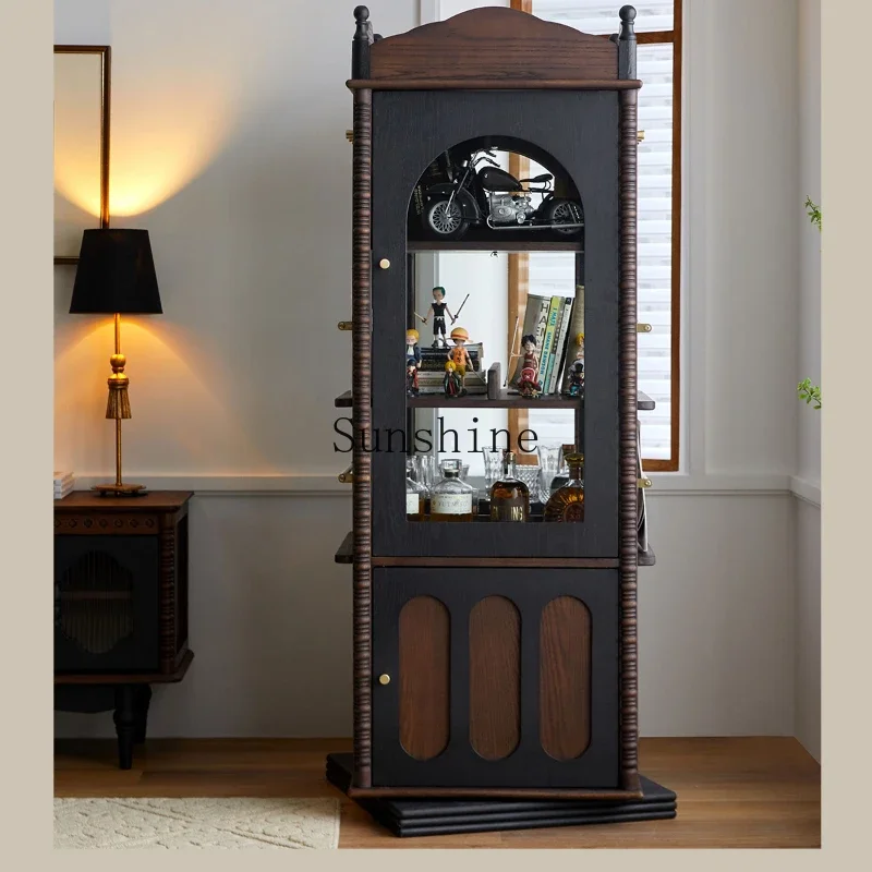 French solid wood rotating retro corner storage picture book rack storage vertical cabinet display cabinet