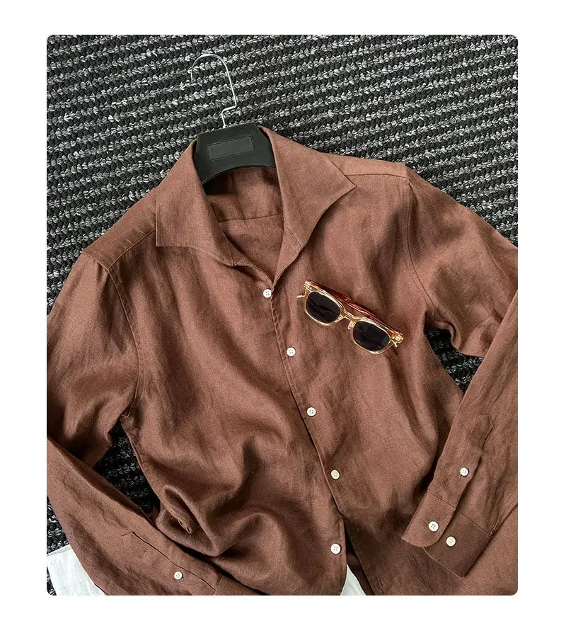 

Classic old money wind 100 linen long-sleeved shirt men's high-end one-piece collar shirt
