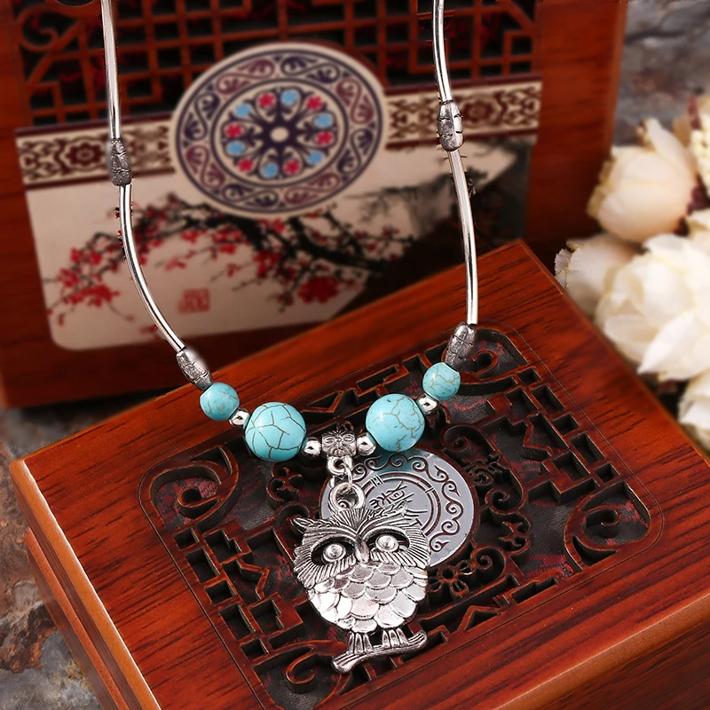 Aihua New Hot Retro Tibetan Sliver Plated Owl Necklace Pendant Vintage Ethnic Bohemia Jewelry for Women New In Necklace