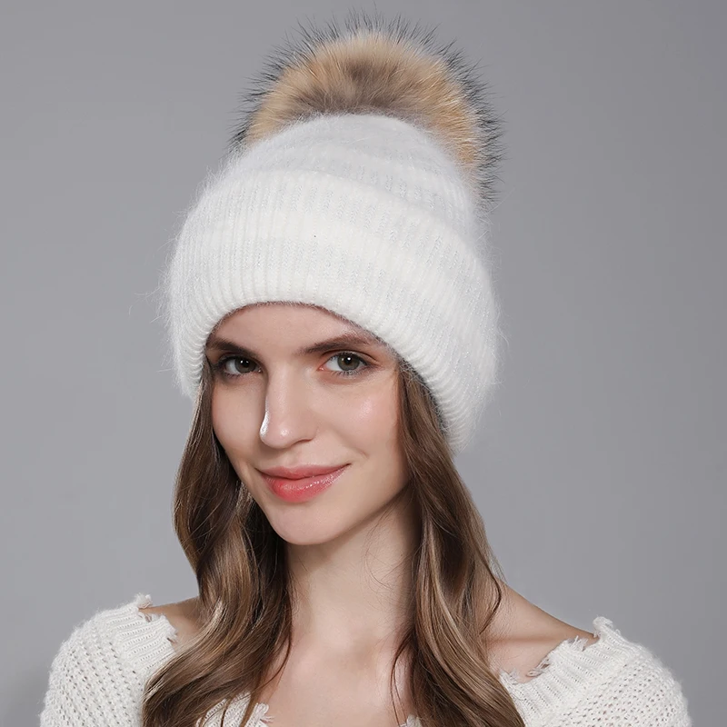 CNTANG Hat For Women Angora Rabbit Fur Beanies With Natural Raccoon Fur Pompom Hats Winter Knitted Warm Silver Wire Female Cap