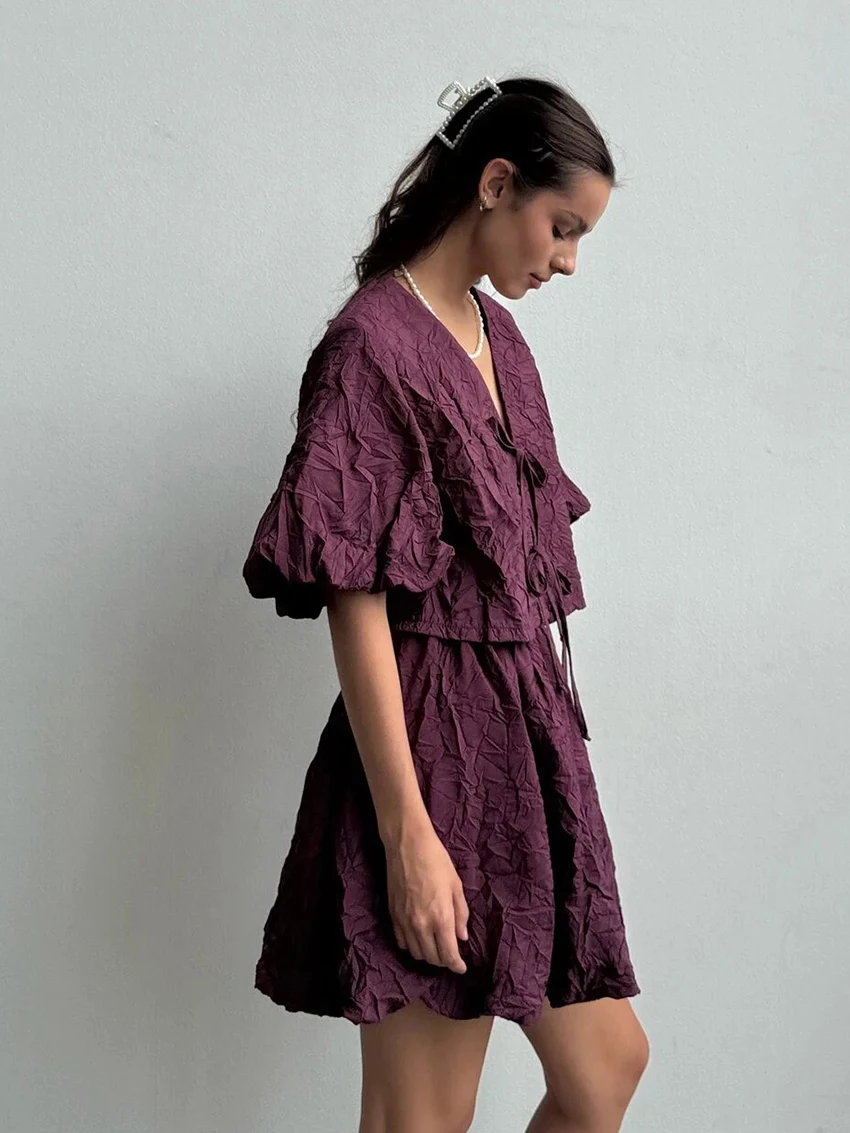 Marthqiqi Casual Female Nightgown Set V-Neck Pajamas Short Sleeve Nightie Lace Up Crop Top Nightwear Shorts Loose Sleepwear Suit
