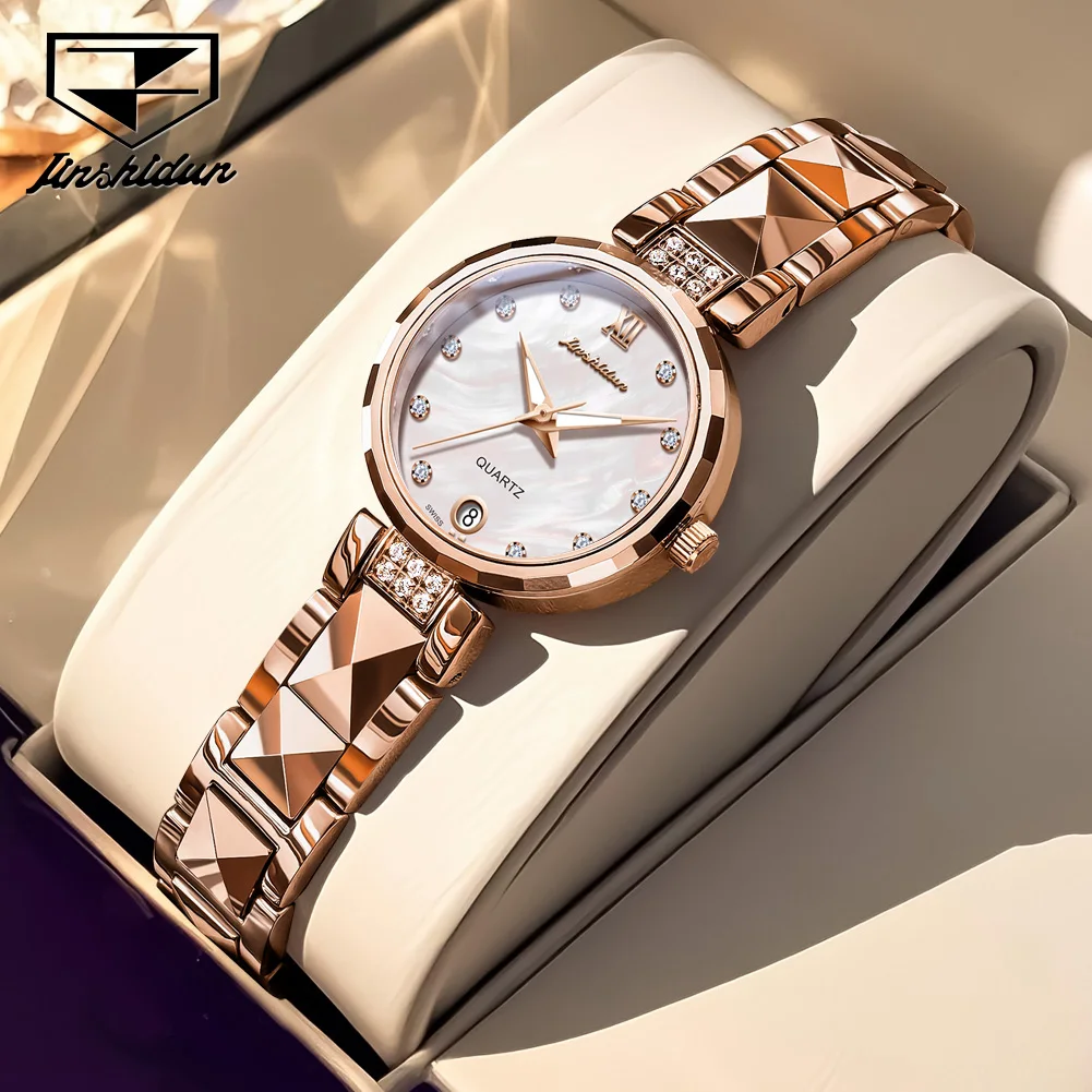 JSDUN 8988 Swiss Movement Women Watch Luxury Rose Pink Tungsten Steel Waterproof Watch HD Calendar Elegant Women Quartz Watch