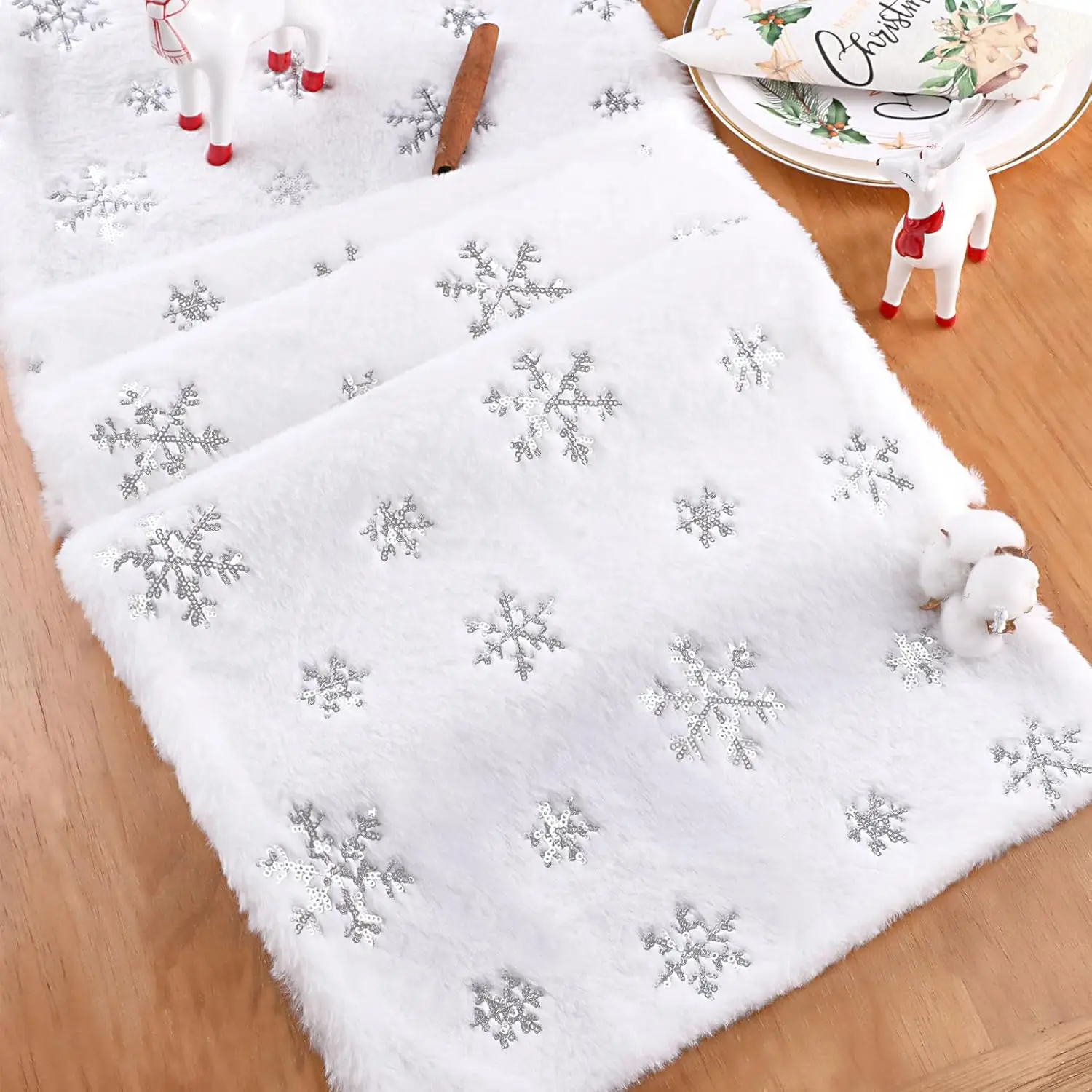 White Fur Table Runner Silver Snowflakes Christmas Table Runner Winter Xmas Holiday Kitchen Dining Table Indoor Party Decor