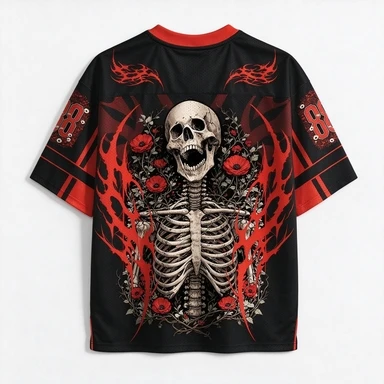 Gothic Style Skull Snake Flower V-neck Mesh Short Sleeved Red Flame Poppy Flower Pattern Number 88 Punk Sports T-shirt