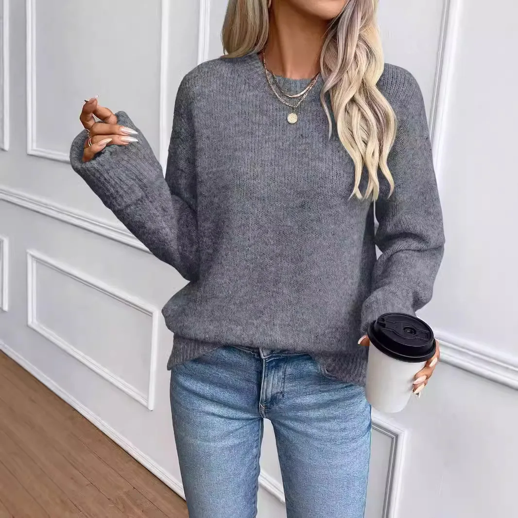 

Solid Color Round Neck Pullover Knitted Autumn Winter, Comfortable And Casual Long Sleeved Sweater For Women