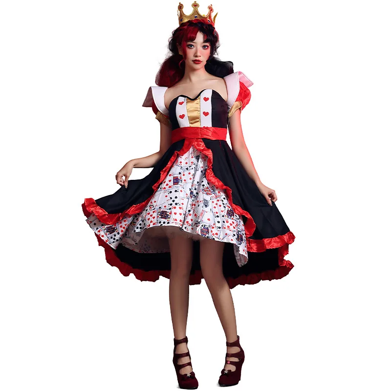 YOUDEYISI Halloween Costume Red Queen Poker Printed Dress, Alice in Wonderland Peach Heart Queen Character Performance Dress