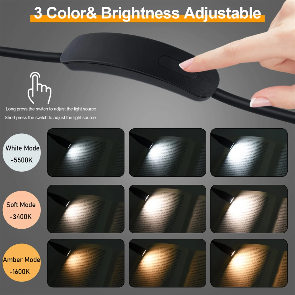 LED Reading Neck Light Usb Rechargeable Book Lamp 360° Flexible Arm Reading Book Light Read Neck Lamp Study Reading Night Light