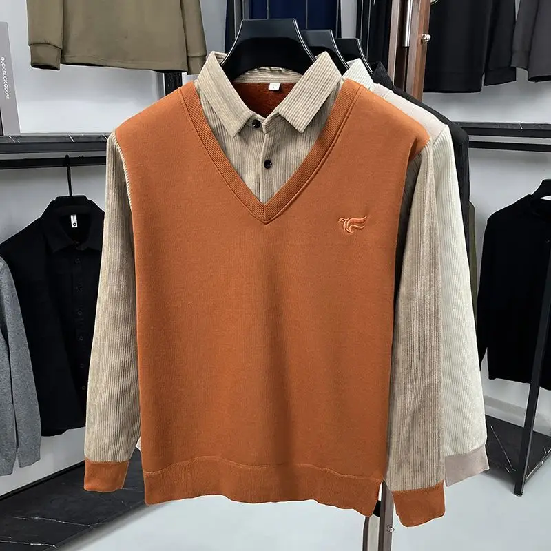 

Men's Warm Knitwear Sweater Fleece Contrast Color Lapel Long Sleeve T-shirt Casual Pullover Thick Warm Luxury High-end Sweater