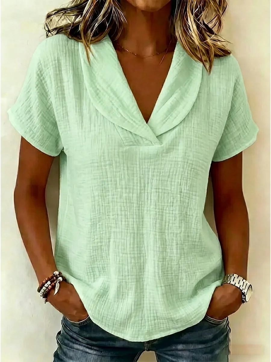 2026 Neues Sommer-Damen-Strickoberteil in Unifarbe mit Kurzarm, Schleifenkragen, Lässiges Damen-T-Shirt für Europäische & Amerikanische Märkte – Detail 10