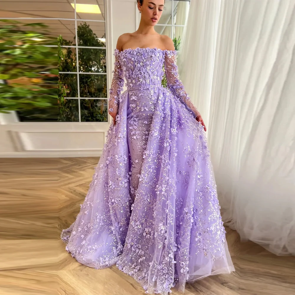 

Luxury Sequined Evening Dresses 2025 Organza A-line Graduation Gown Lavender Off-the-shoulder Applique Beads Prom Dress Long