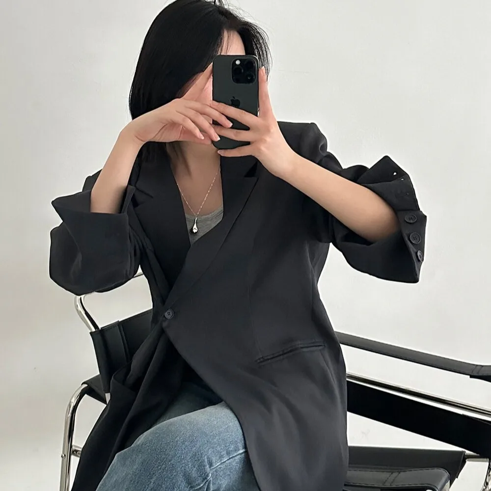 Casual Loose One-Button Notched Korean Style Autumn Suit Jacket Simple Irregular Design Commute Wind Polyester Fiber Long Sleeve