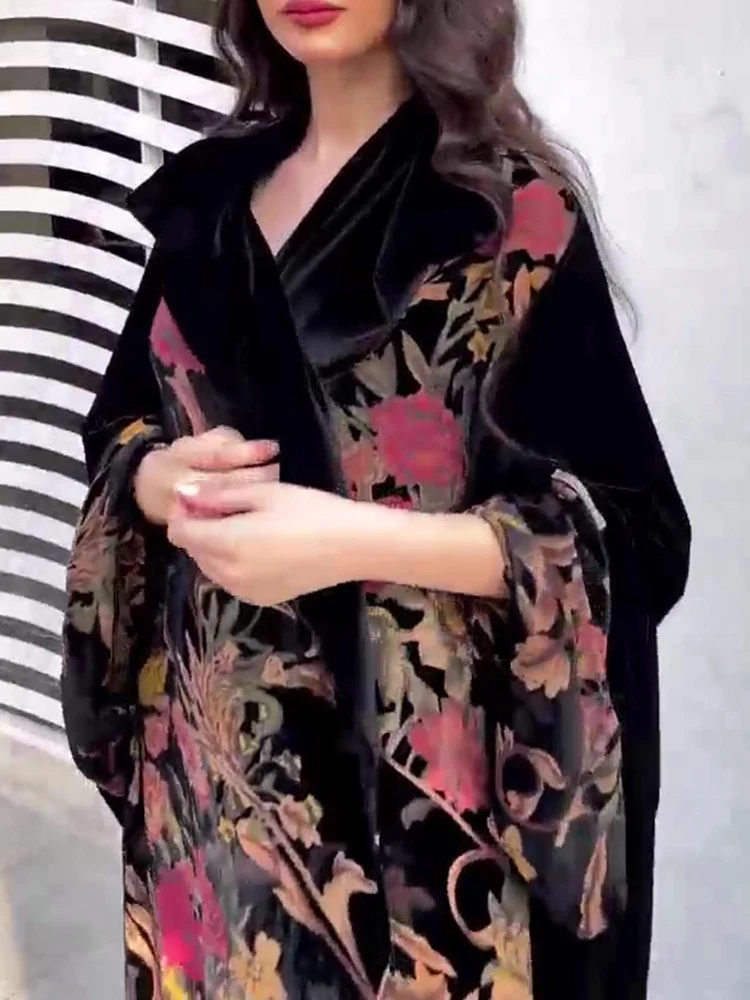 Elegant V-neck Splicing Robe Windbreaker Women's Casual Long Sleeve Draped Loose Jacket Fashion Flower Print Color Blocked Coats