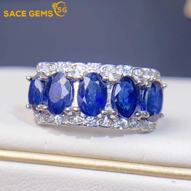 

SACE GEMS New Women Jewelry Ring Resizable 925 Sterling Silver 4*6MM Natural Sapphire Luxury Women Cocktail Party Fine Jewelry