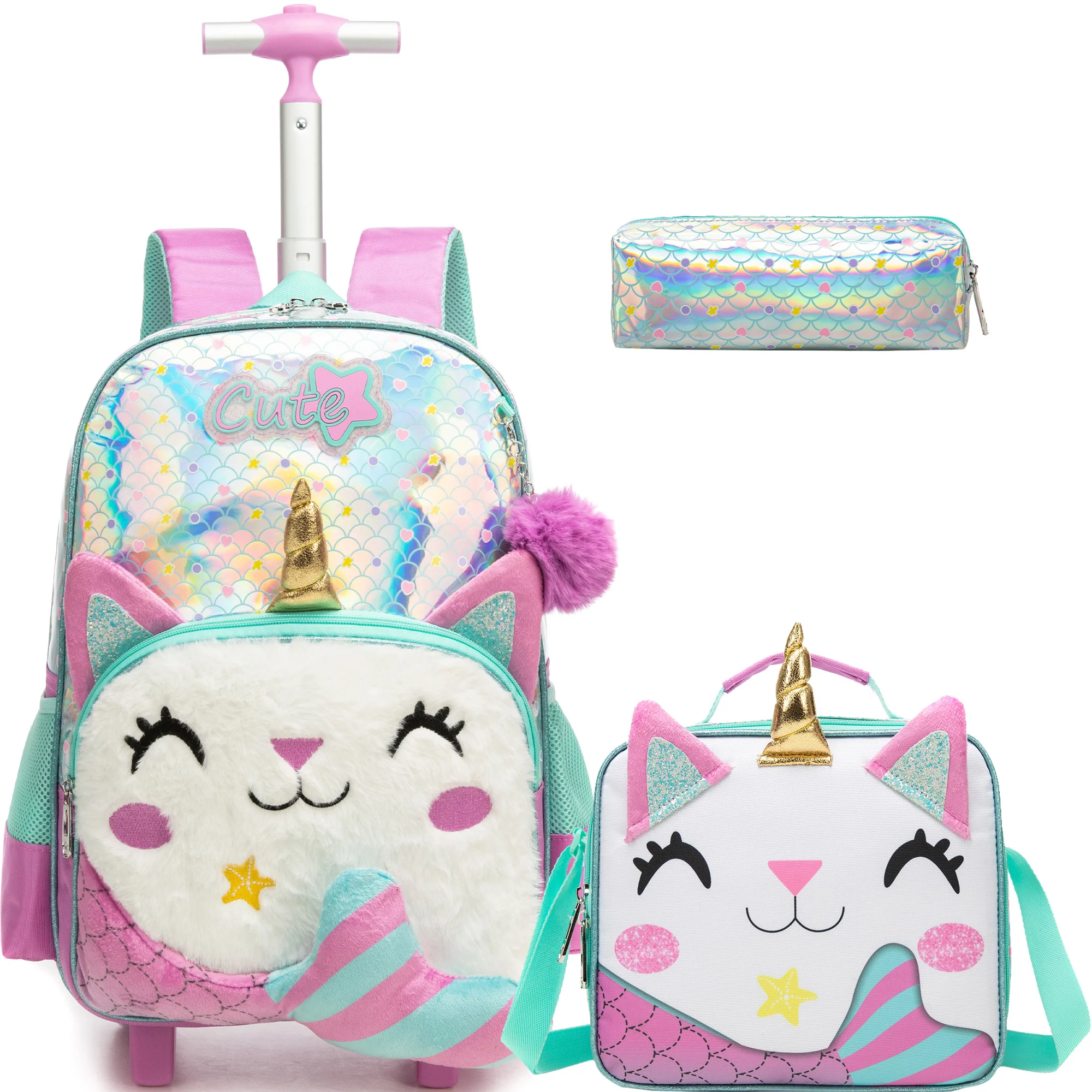 

Милый рюкзак на колесиках для девочек, 3 предмета в комплекте: рюкзак на колесиках с ланч-боксом для учениц начальной школы и подростков