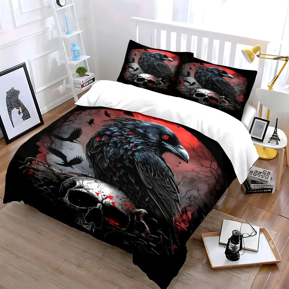 Black raven with crimson background Print Bedding Set 1 Duvet Cover 2 Pillowcases for Adult and Children Luxury Gift Full Size