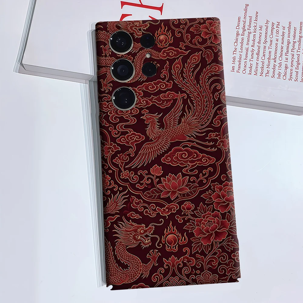 Dragon Phoenix Floral Motif For Samsung Galaxy S26 S25 S24 A56 A36 Dual Layer Luxury Fashion Full Lens Protective Case
