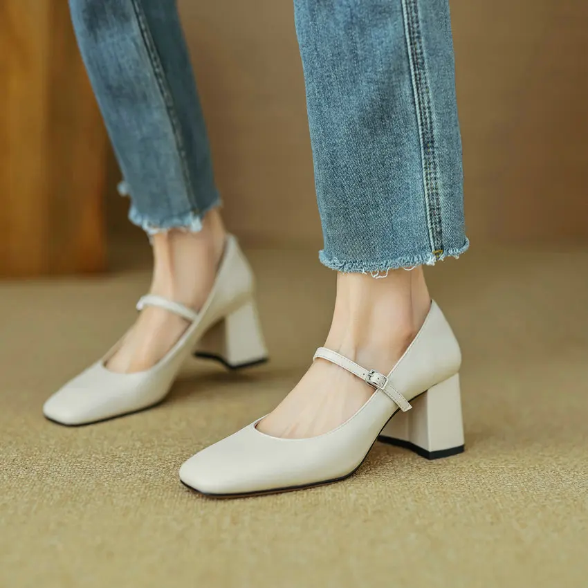 QUTAA 2024 Summer Women Pumps Thick High Heels Square Toe Shoes Woman Mary Janes Genuine Leather Office Lady Size 34-40