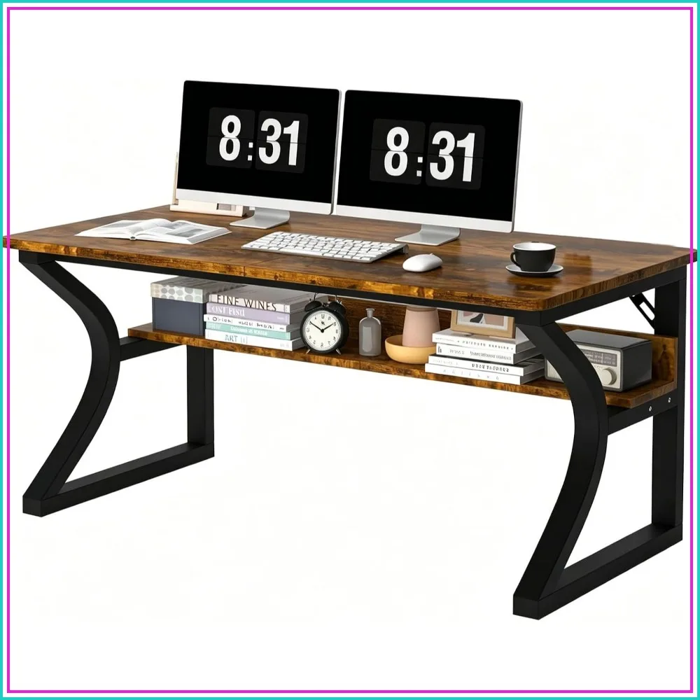 office desk55'' Computer Desk for Home Office, U-Shaped Metal Frame, Storage Shelves, Brown