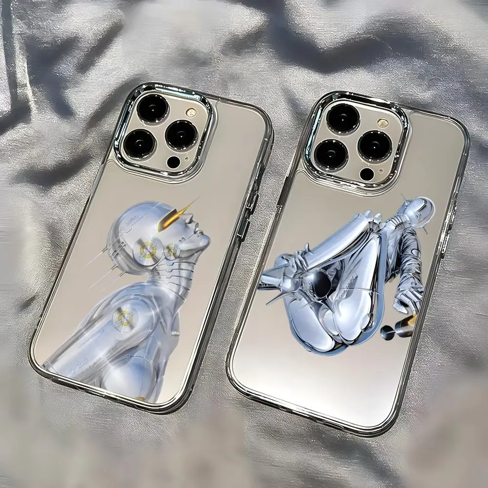 Coque de téléphone transparente pour iPhone 17 16 15 14 13 12 11 Pro Max Plus, motif fille mécanique sexy, avec bouton chromé et anneau de protection de l'appareil photo