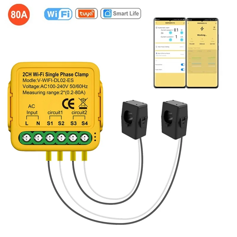 AD41-Tuya WiFi Power Meter Monitor 2CH Real-Time Energy Current Monitor Automation Notifications Smart Life Remote