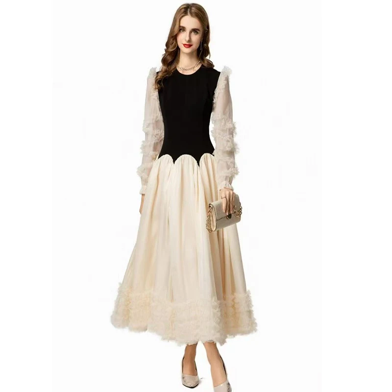 Autumn New Retro Style O-Neck Lotus Leaf Edge Splicing Perspective Long Sleeved Elegant Women's Dress S-3XL