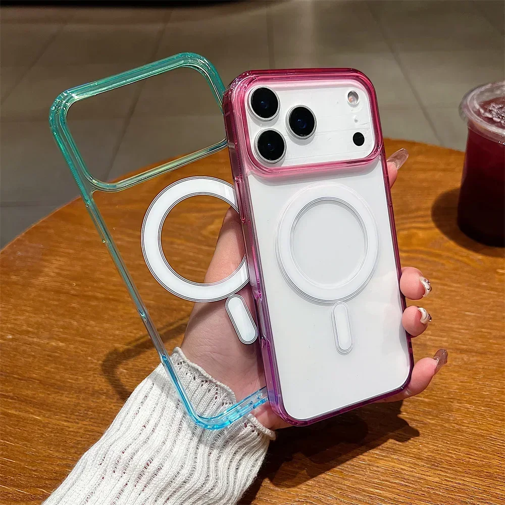 GradientสีสันสําหรับMagsafeเคสโทรศัพท์แม่เหล็กสําหรับ 17 Air 16E 15 14 Plus 13Mini 12 11 Pro Max Clear Wireless Chargeฝาครอบ