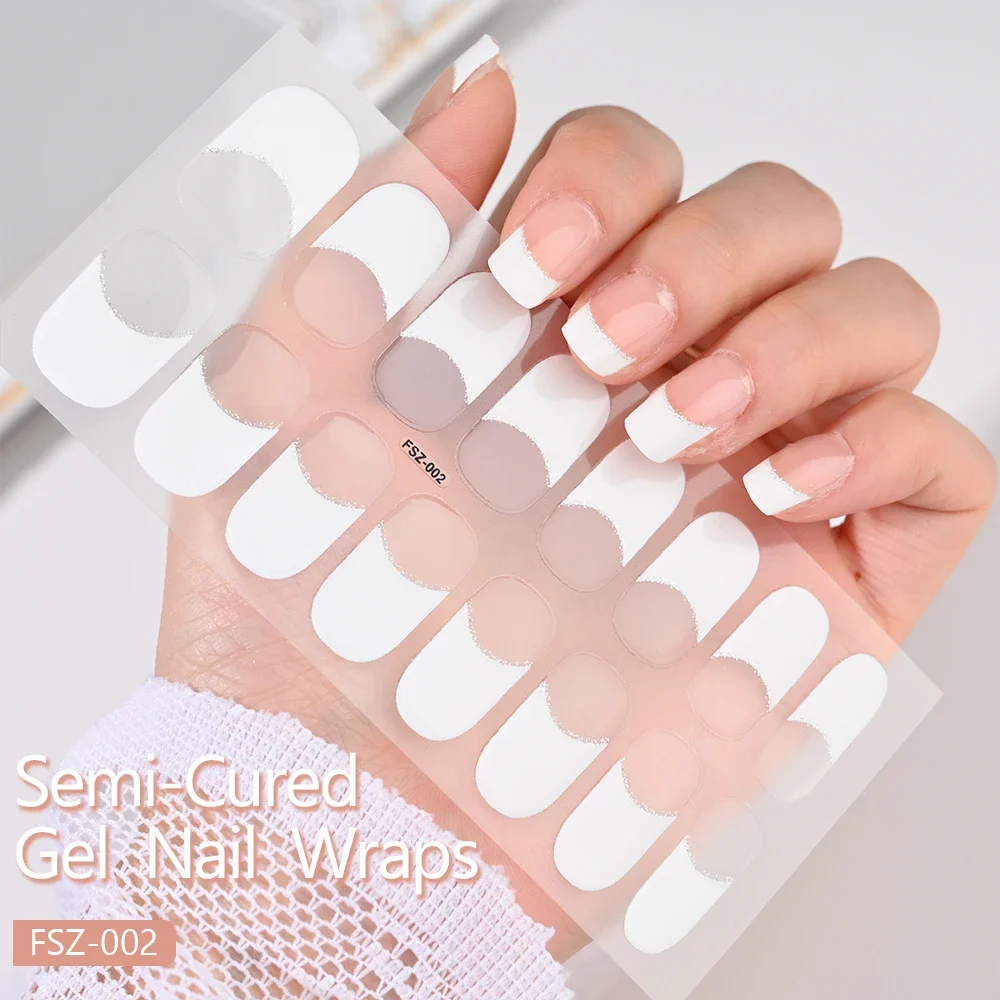 16Strips French UV Semi-Cured Gel Nail Wraps Sticker Full Cover Long Lasting LED Lamp Gel Cured Slider Decals For Nail Extension