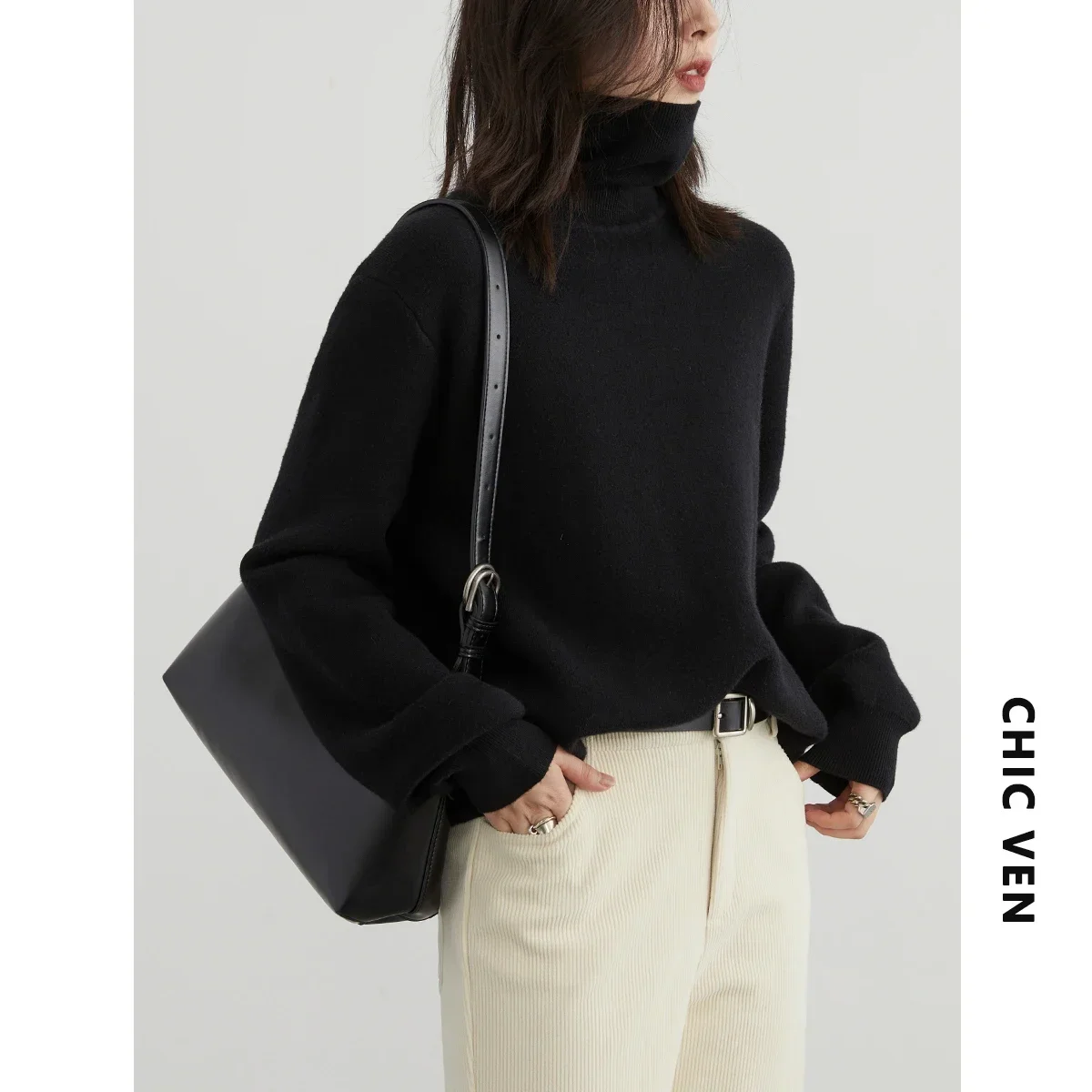 CHIC VEN Women Sweaters Long Sleeve Solid Turtleneck Basic Woman Jumpers Female Knitted Pullovers Tops Warm Autumn Winter 2023