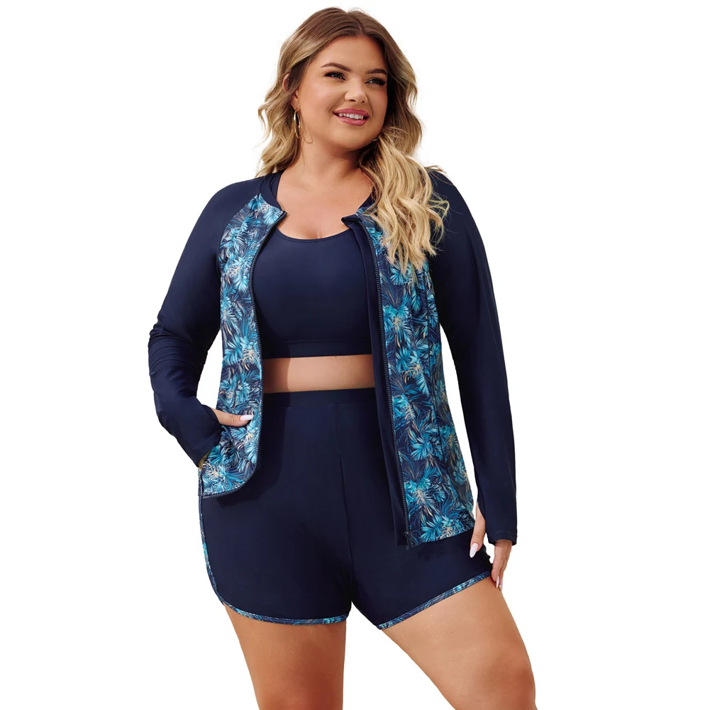 HN Women/Ladies Plus Size 3Pcs/Set Swimsuit Zip Up Coat + Cropped Tops + Shorts Swimwear High Waist