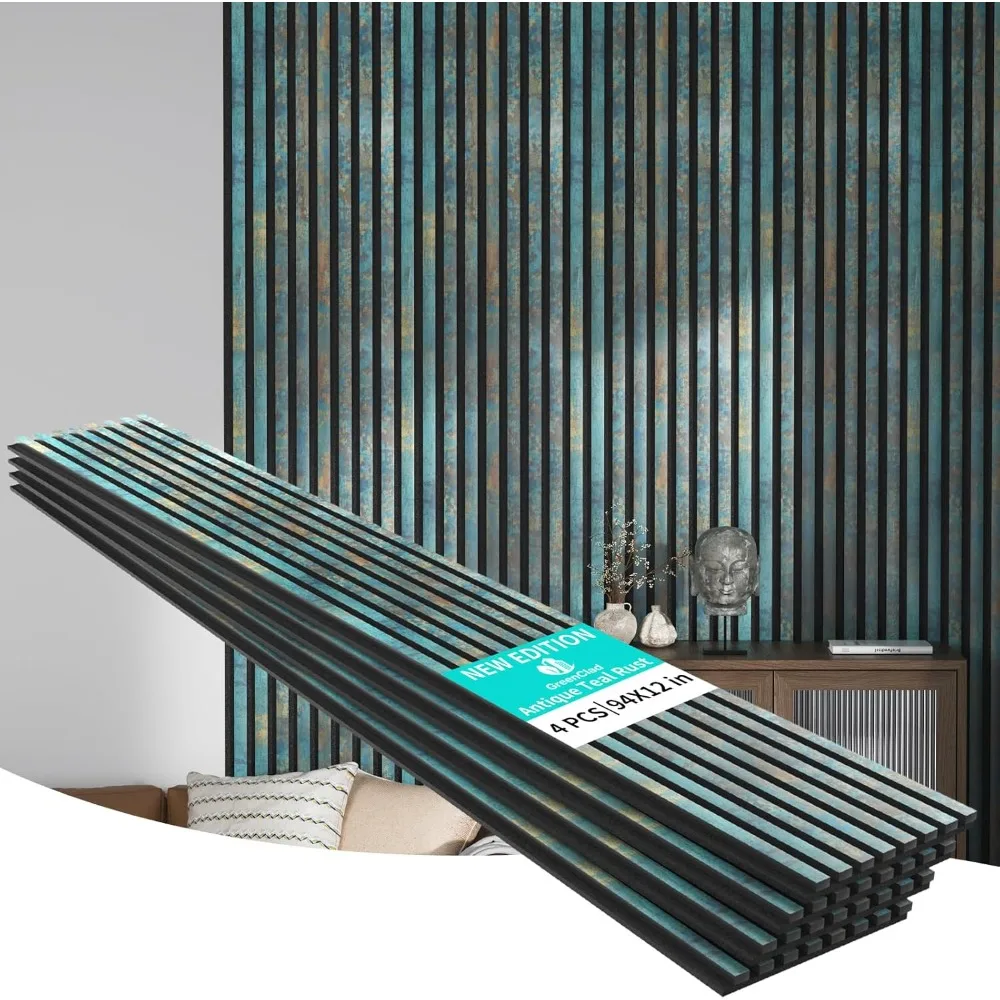 ألواح حائط خشبية - لوحة عتيقة مقاومة للصوت باللون الأزرق المخضر لديكور الحائط الداخلي، تصميم حديث، 94 × 12، 4 عبوات