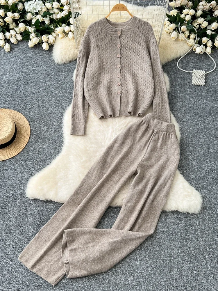 Autumn Winter Casual Cashmere Suits Women Long Sleeves Buttons Cardigan+High Waist Wide Legs Knitt Pants Loose Sweater 2PC Sets