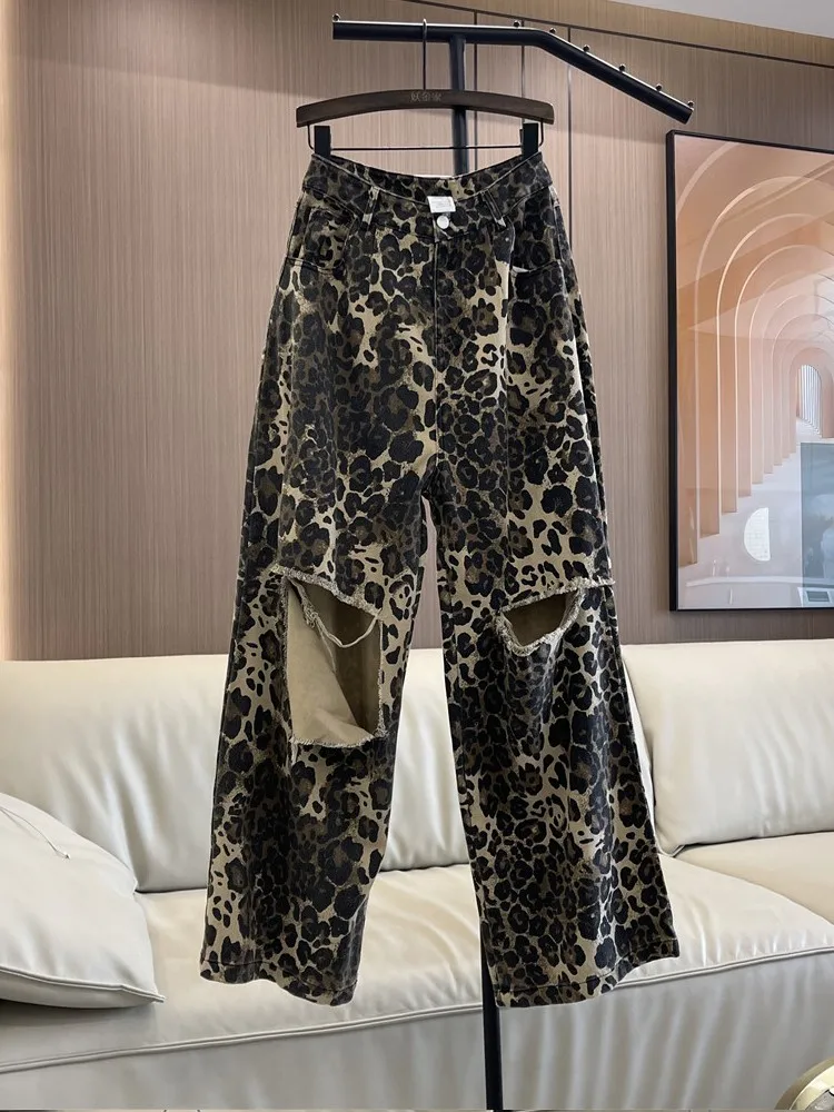 

New Fashion Women's Vintage Multi-pocket Jeans Ripped Leopard Print Contrasting Straight Streetwear High-waisted Wide-leg Pants