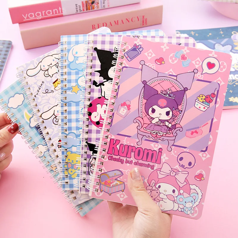 Sanrio Anime Coil Notebook para Crianças, Kuromi Cinnamoroll Notepad, Material Escolar e de Escritório, Papelaria, Atacado, Presente, 4Pcs