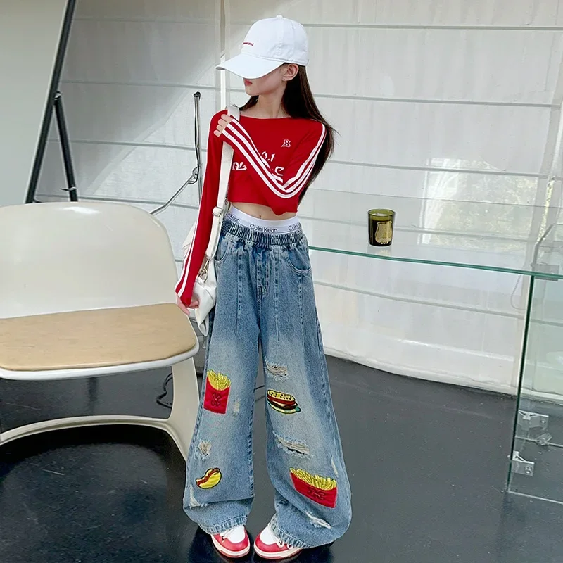 teenage girls wide leg jeans pants jazz kids clothes spring autumn chips print bell bottoms denim trousers 6 to 16 years