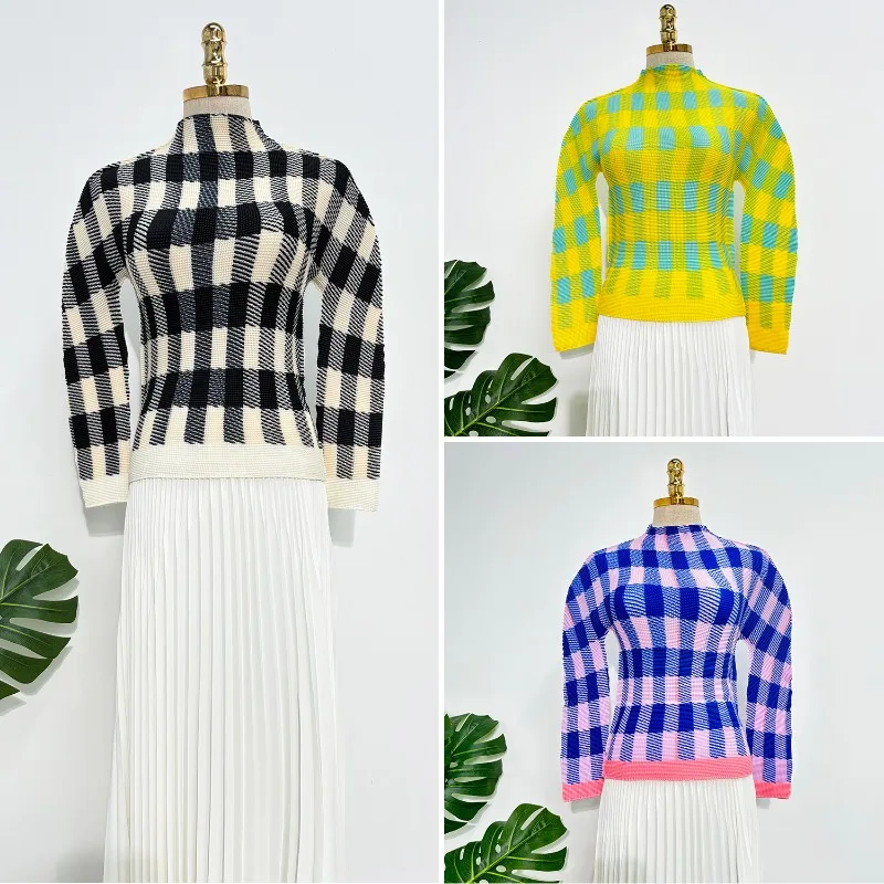 Miyake Pleated Women's Long-Sleeve Top 2025 Fall New Arrival Slim-Fit Flattering Print Base Layer Pullover T-Shirt Wrinkle-Free