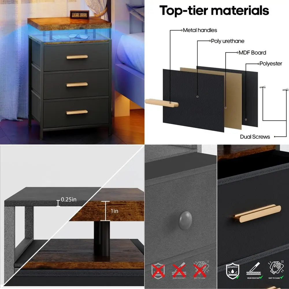 

23.6" drawer led nightstand with open shelf, pu leather finish