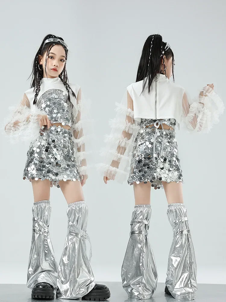 Costume de danse jazz miroir argenté pour filles tenue de pom-pom girl vêtements Kpop pour enfants vêtements de spectacle de piste, vêtements de danse Hip Hop