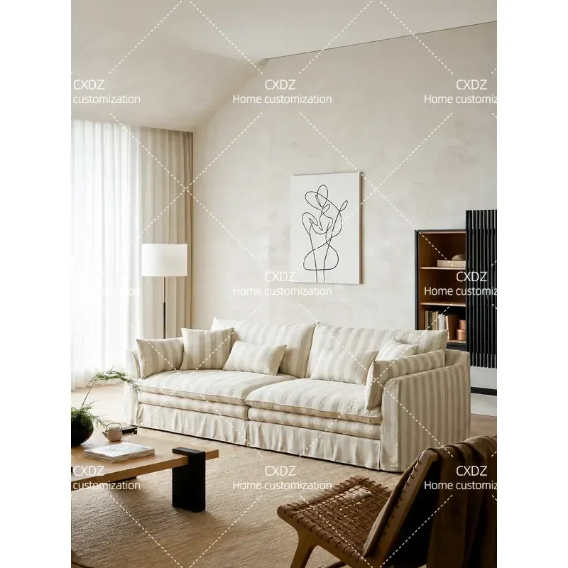 Fully Dismantle Washable Linen Cotton Fabric Sofa French Cream Style Super Soft Straight Row Down Cushion Living Room