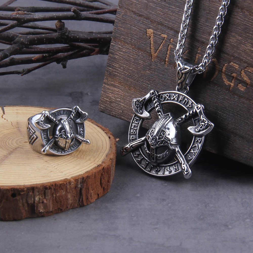 Stainless Steel Men Viking Warrior with viking axe on viking Shield pendant necklace and ring as men gift