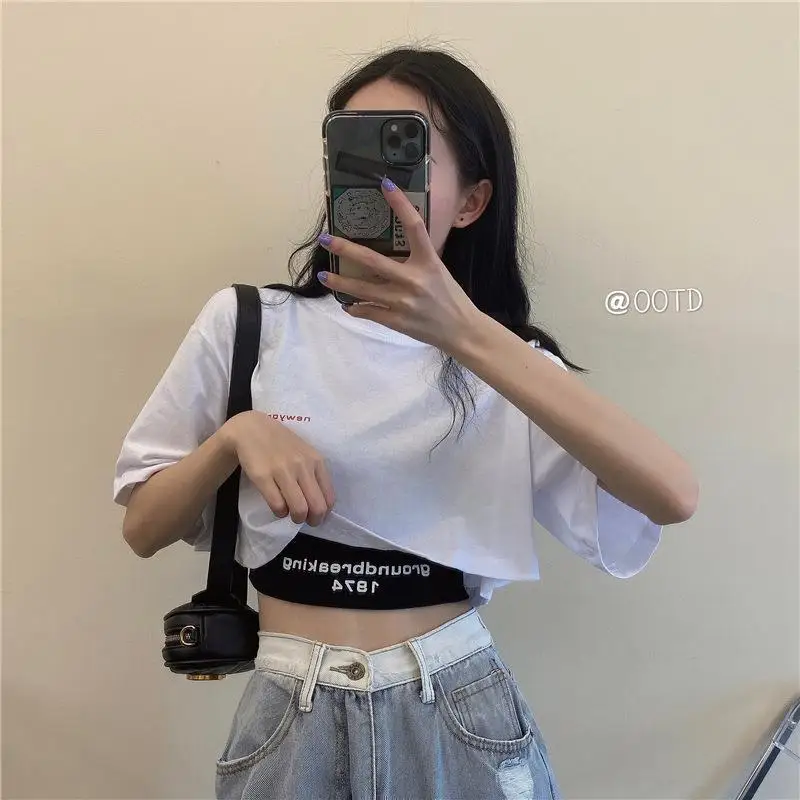 Crop Top Summer 2026 New Korean Style Loose High Waist T Shirt For Women Women Casual Tee Shirts Plus Size Two Piece Set Wholesa