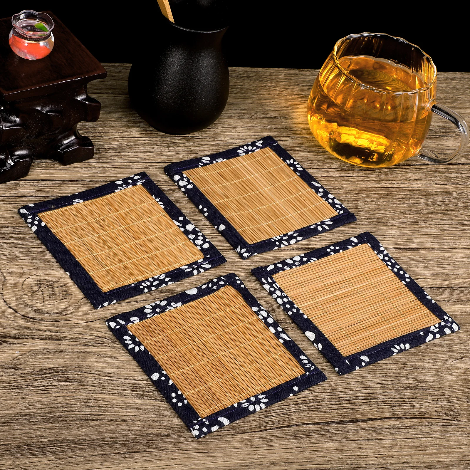 

4 Pcs Tea Mat Fabric Woven Cup Coasters Bamboo Drinks Square Braided Placemats Party Decoration
