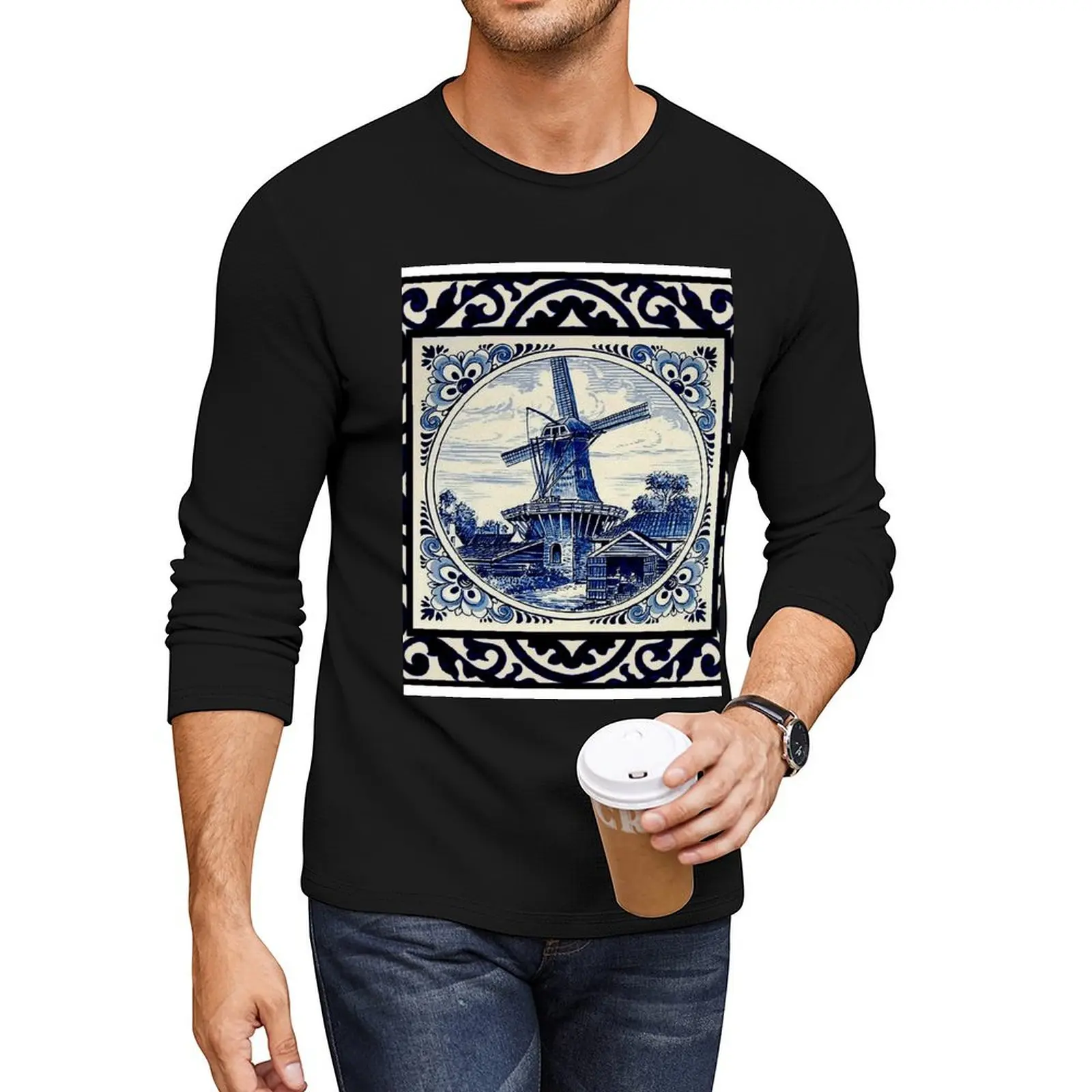 

DUTCH BLUE DELFT : Vintage Rare Windmill Landscape in Amsterdam Print Long T-Shirt new edition t shirt t shirts for men pack