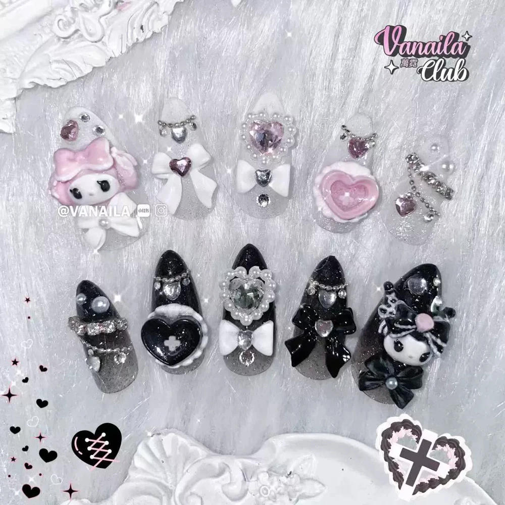 Gothic Y2K Spicy Girl My Melody Kuromi Almonds Handmade Press On Nails Heavy Metal Design Gradients Shiny Full Cover Nail Art