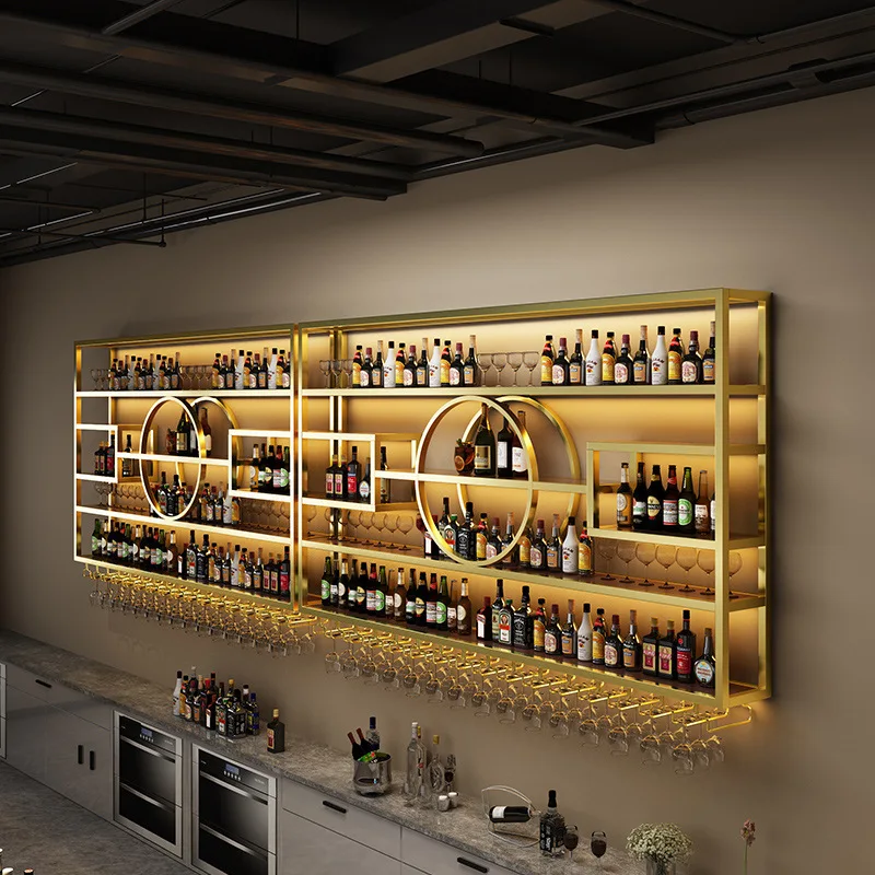 Restaurant, pub, clear bar, wine display rack, wall-mounted lighted wine cabinet, wrought iron