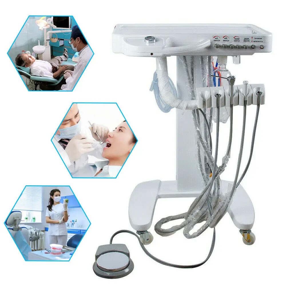 4 Hole Dental Portable Mobile Delivery Unit System Cart Treatment work Compressor 65L/Min