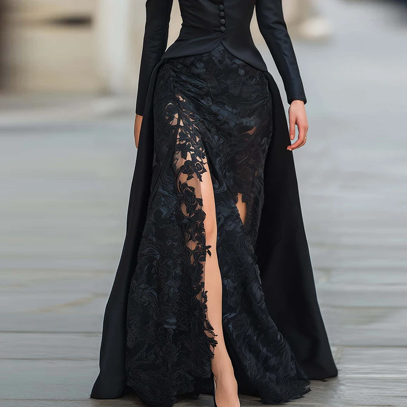 Conjunto de dos piezas de falda y Top con botones de solapa para mujer, traje de fiesta ajustado con retazos de encaje, traje elegante liso para ocasión Formal, otoño