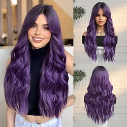 ALAN EATON Long Purple Synthetic Wigs with Bangs for Women Ombre Purple Wavy Wig Heat Resistant Fiber Colorful Party Halloween