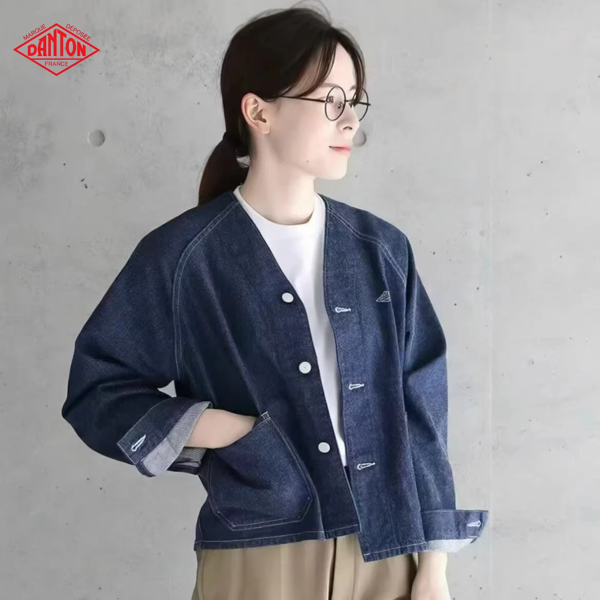 Danton 2026 Summer New Japanese Style V Neck Denim Jacket, Raglan Sleeve Single Breasted Top With Stitched Pockets for Men Women