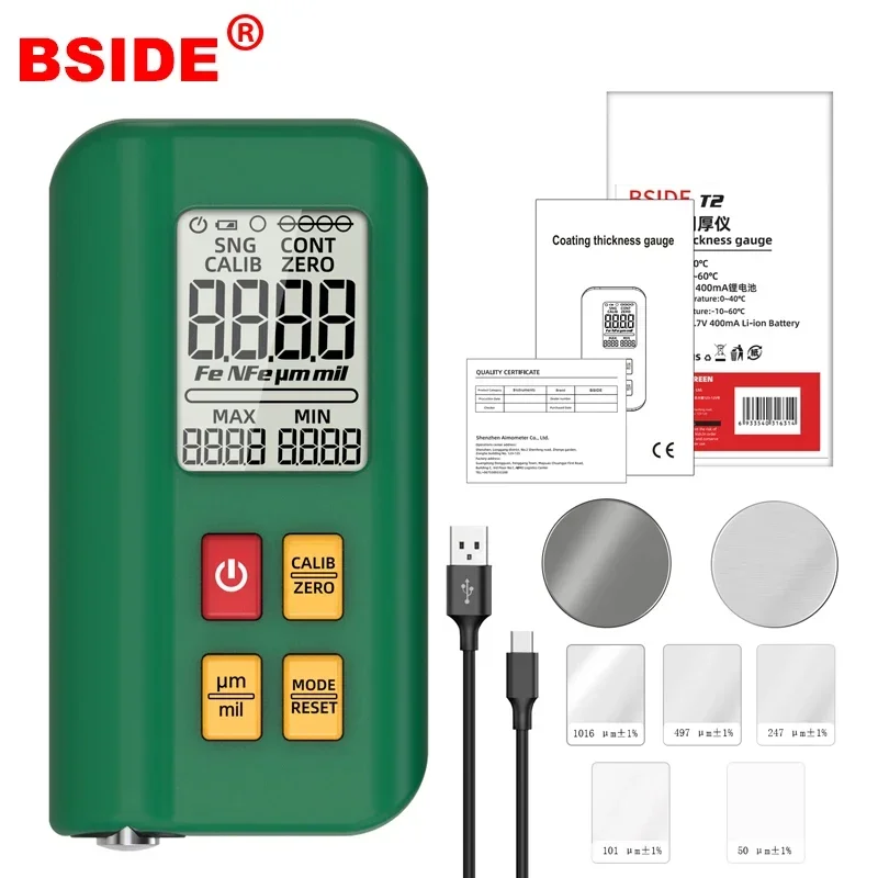 Professional BSIDE T2/T2X Car Coating Thickness Gauge 0 - 1500µm Range for Fe and NFe Mini Electroplate Metal Paint Check